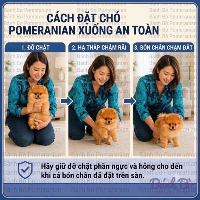Ba bước minh hoạ cách đặt chó Pomeranian nhỏ tuổi, lông màu cam, trên sàn nhà