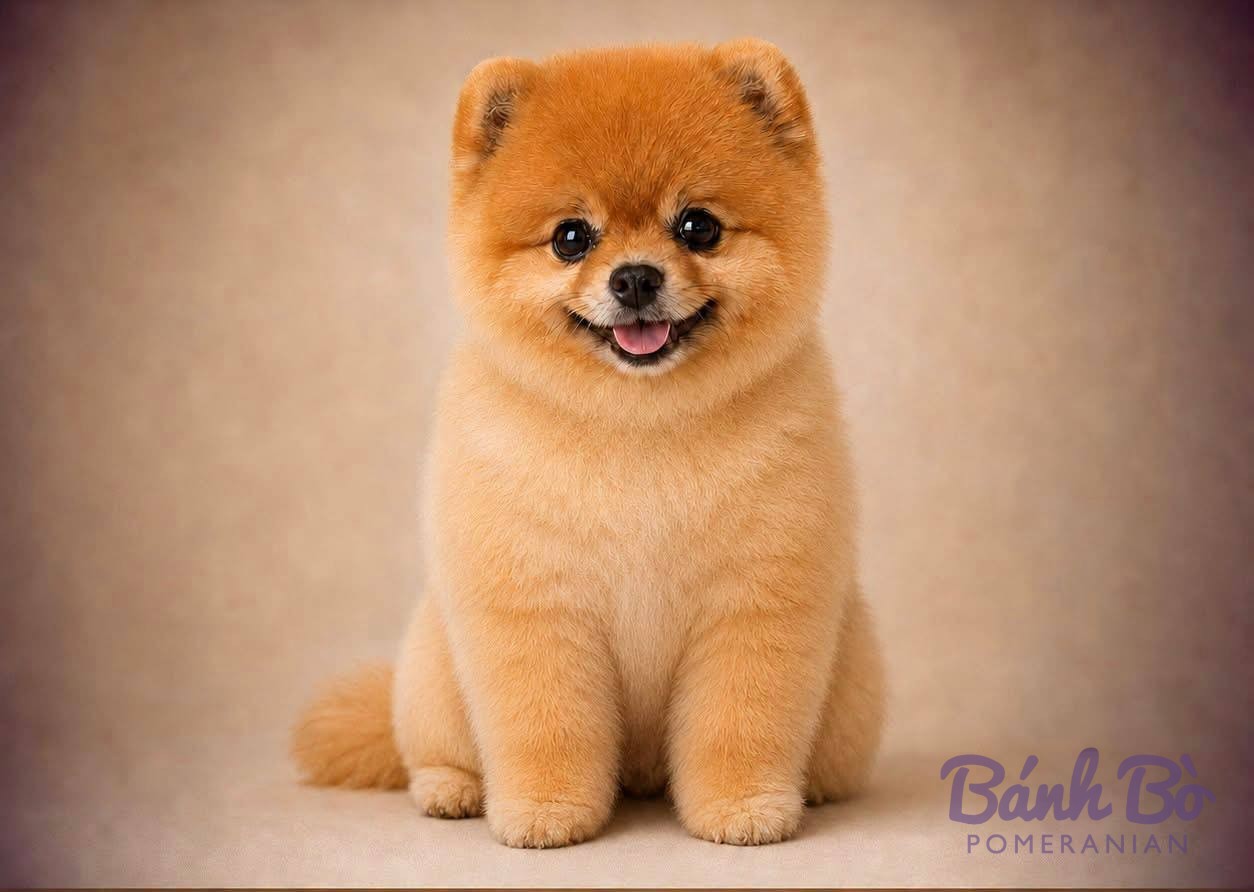 Chó Pomeranian con, lông vàng cam, ngồi trên nền neutral, biểu cảm vui vẻ