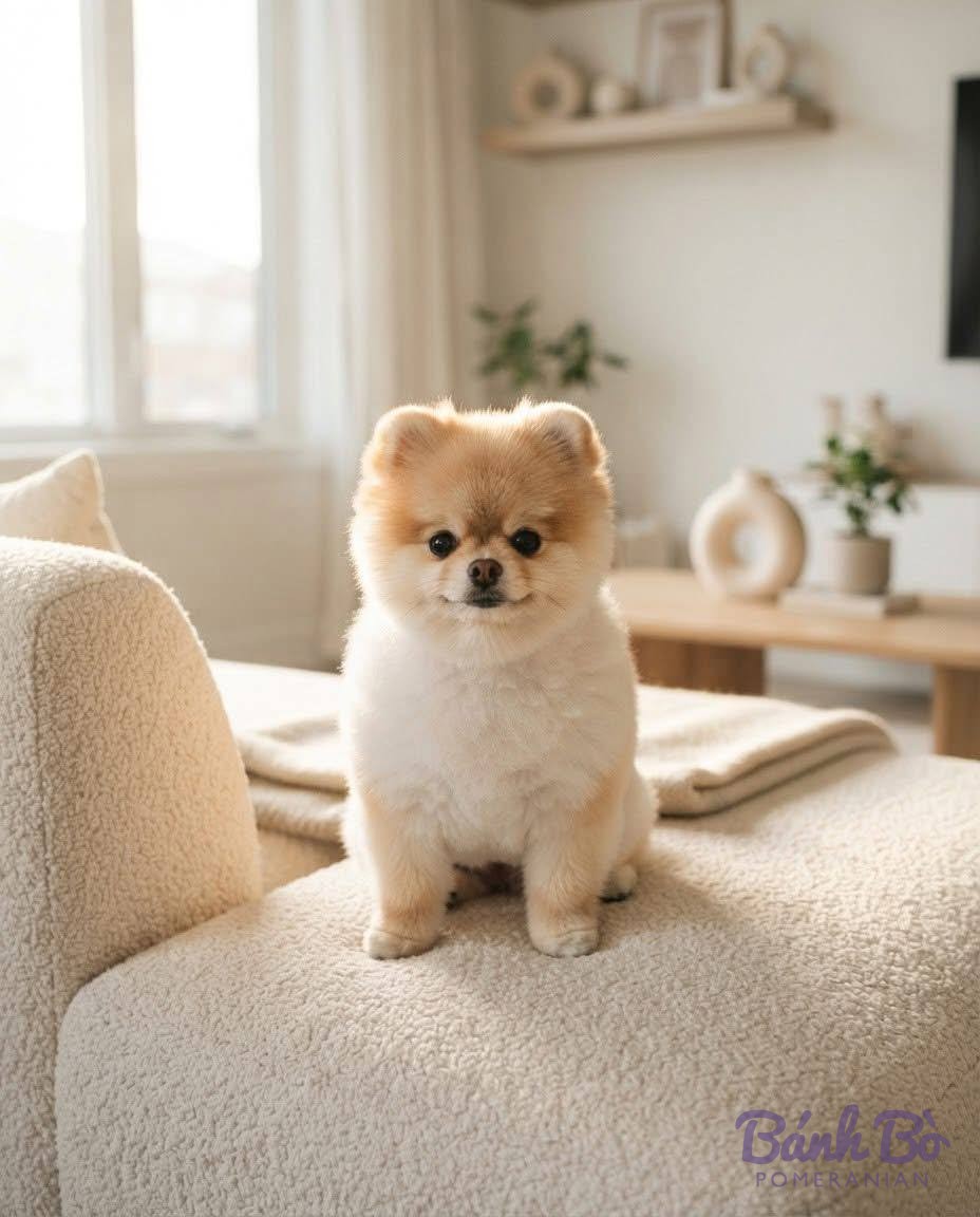 Chó Pomeranian lông trắng vàng, con nhỏ, ngồi trên ghế sofa màu be trong phòng khách sáng